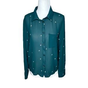 Honey Punch Button Front Sheer Star Embroidered Top Green Small